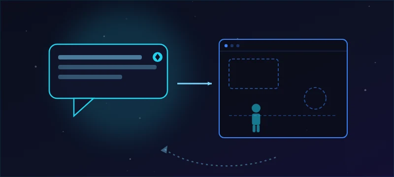 A prompt bubble transforming into a wireframe game sketch with an iteration loop