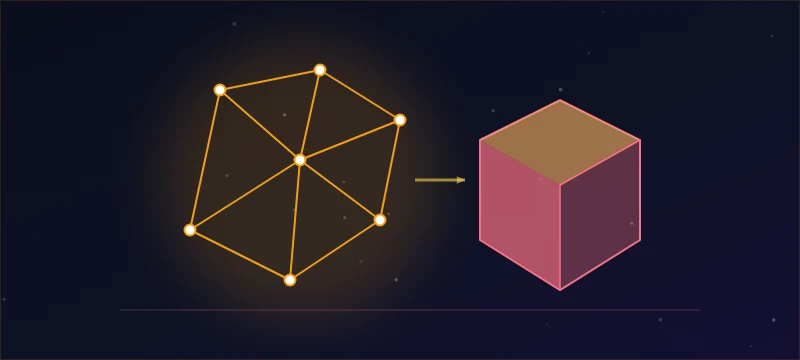 A low-poly wireframe mesh with vertices beside its shaded 3D counterpart