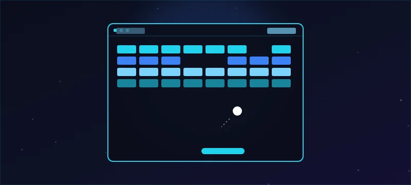 A breakout board mid-rally with brick rows, a ball trail and a paddle
