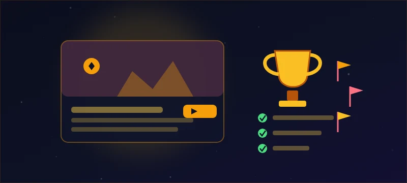 A portfolio page with a playable build beside a trophy, rubric checkmarks and milestone flags