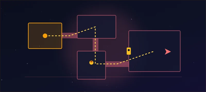 A top-down level blockout with rooms, corridors, a key, a lock and the critical path