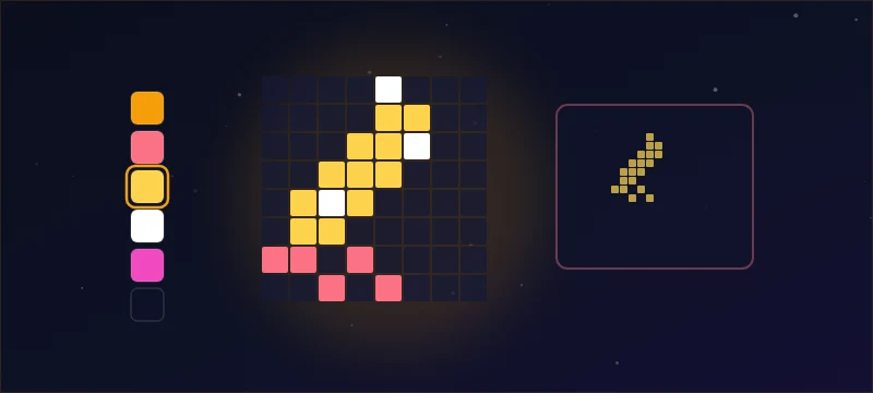 A magnified pixel-art sword on a grid with a color palette and 1:1 preview