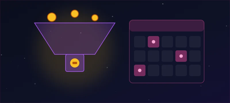A coin funnel into a gamepass beside a live-ops calendar with update days