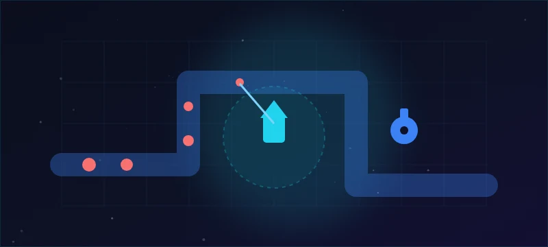 A tower-defense grid with a winding enemy path, two towers and a range ring