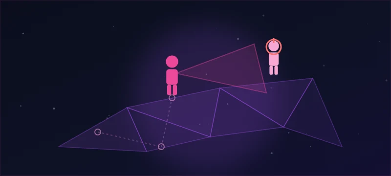 Navmesh triangles with a patrolling enemy whose sight cone spots the player
