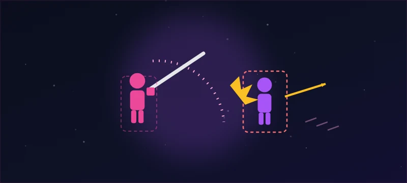 A sword swing arc striking a hitbox with an impact flash and knockback arrow