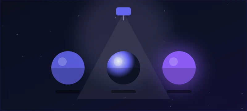 Three material preview spheres — matte, metallic, emissive — under a key light