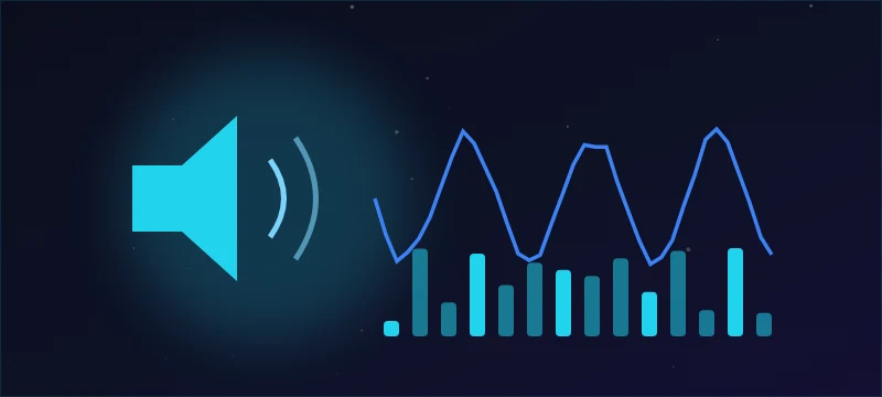 A speaker icon, an oscillating waveform and an equalizer bar spectrum