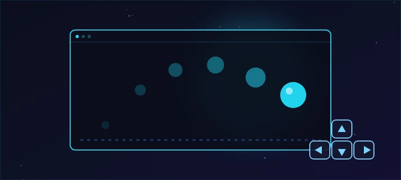 A glowing ball bouncing across a game canvas beside arrow-key buttons